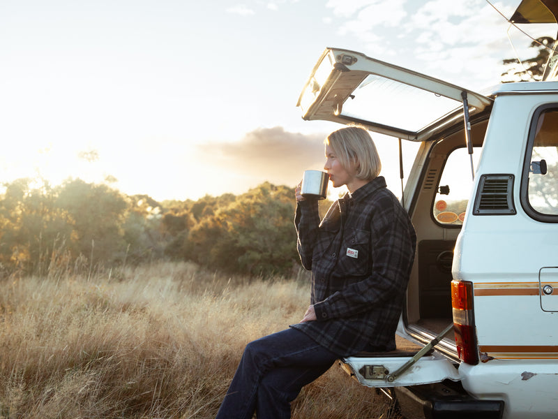 Womens Wool Camp Shacket - Charcoal Grid - By Feldon Shelter & Swanndri